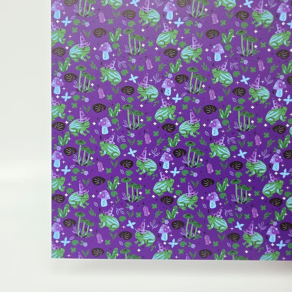 PatternPly® Full Coverage Witchy Frogs on Purple sheet showing the pattern