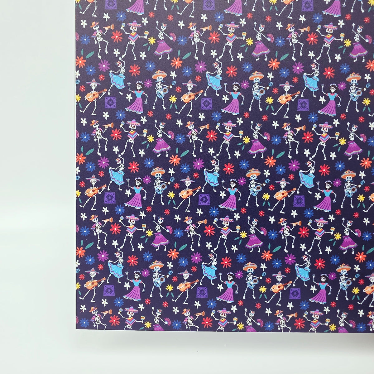PatternPly® Full Coverage Skeleton Fiesta on Navy sheet showing the pattern
