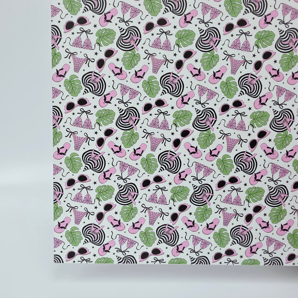 PatternPly® Full Coverage Pink BikiniWeen on White sheet showing the pattern