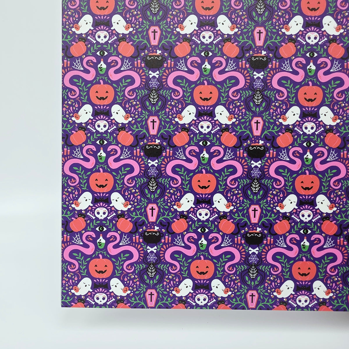 PatternPly® Full Coverage Mystic Snakes and Ghosts on Purple sheet showing the pattern