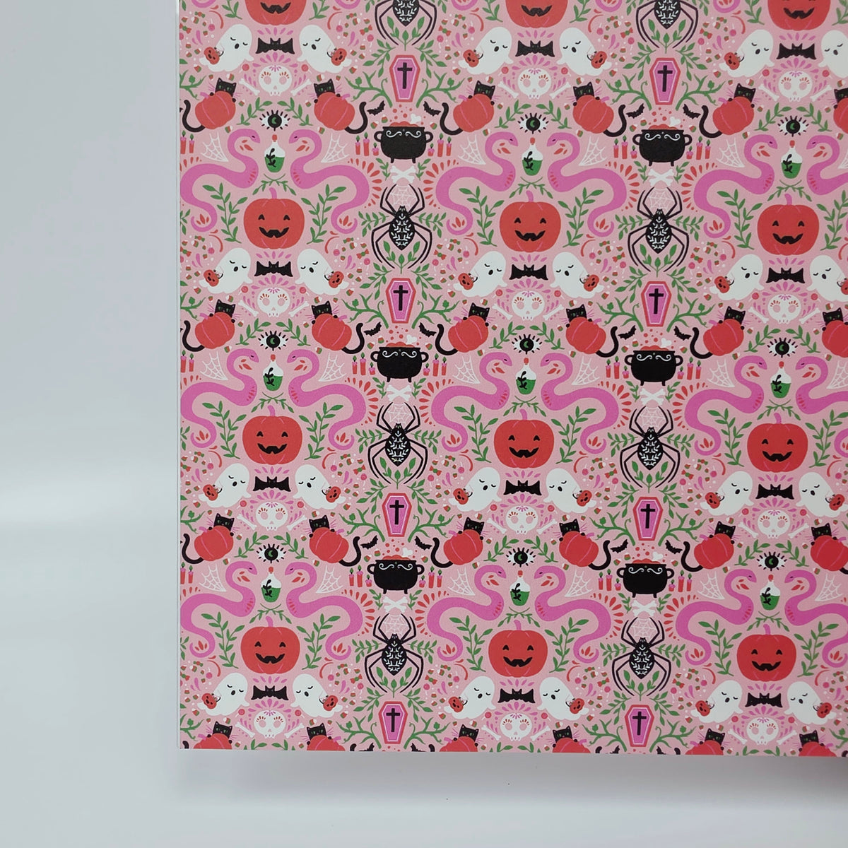 PatternPly® Full Coverage Mystic Snakes and Ghosts on Pink sheet showing the pattern