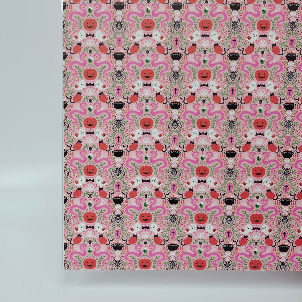 PatternPly® Full Coverage Mystic Snakes and Ghosts on Pink MICRO sheet showing the pattern