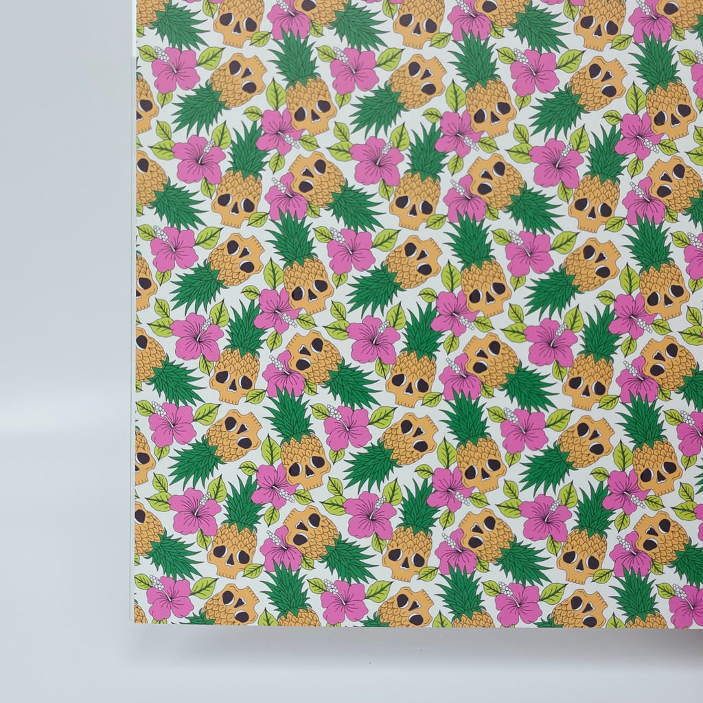 PatternPly® Full Coverage Luau Skulls on White sheet showing the pattern