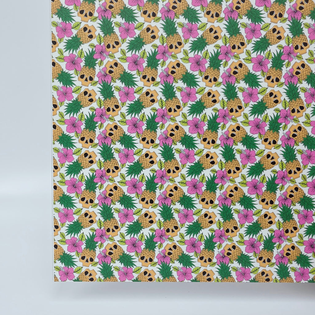 PatternPly® Full Coverage Luau Skulls on White MICRO sheet showing the pattern