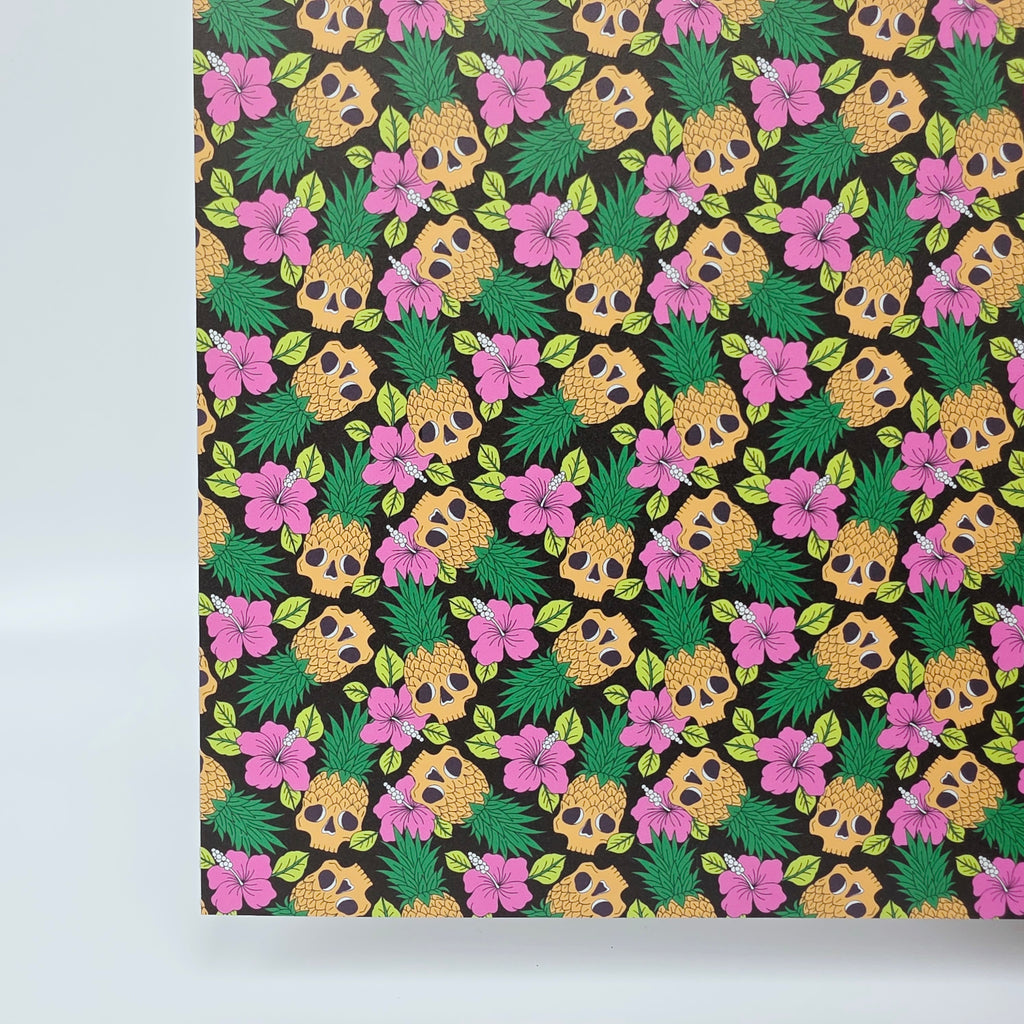 PatternPly® Full Coverage Luau Skulls on Black sheet showing the pattern