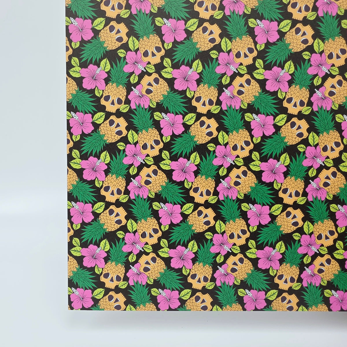 PatternPly® Full Coverage Luau Skulls on Black sheet showing the pattern