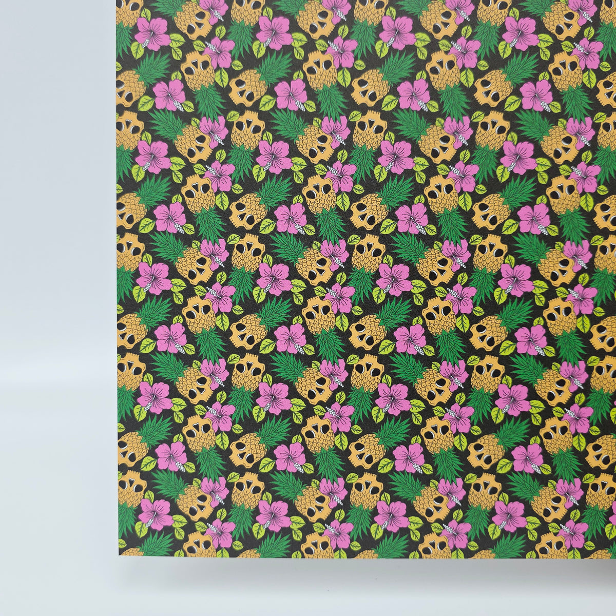 PatternPly® Full Coverage Luau Skulls on Black MICRO sheet showing the pattern