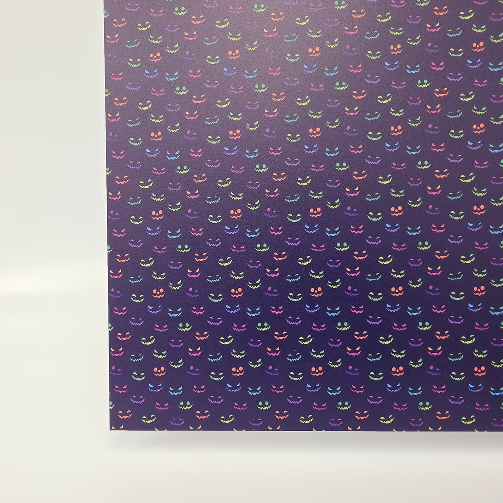 PatternPly® Full Coverage Neon Spooky Faces On Purple MICRO sheet showing the pattern