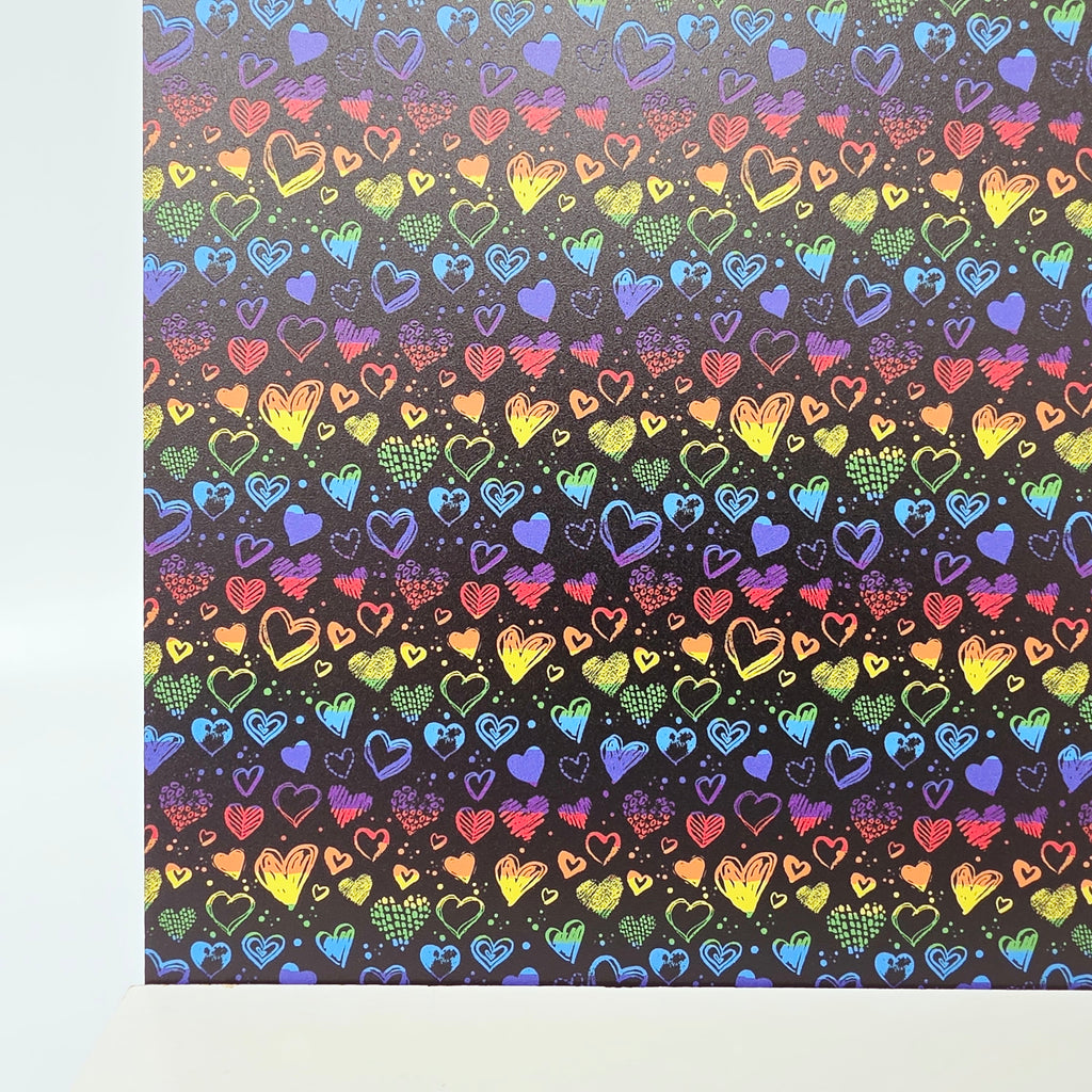 PatternPly® Full Coverage Crayon Rainbow Hearts sheet showing the pattern