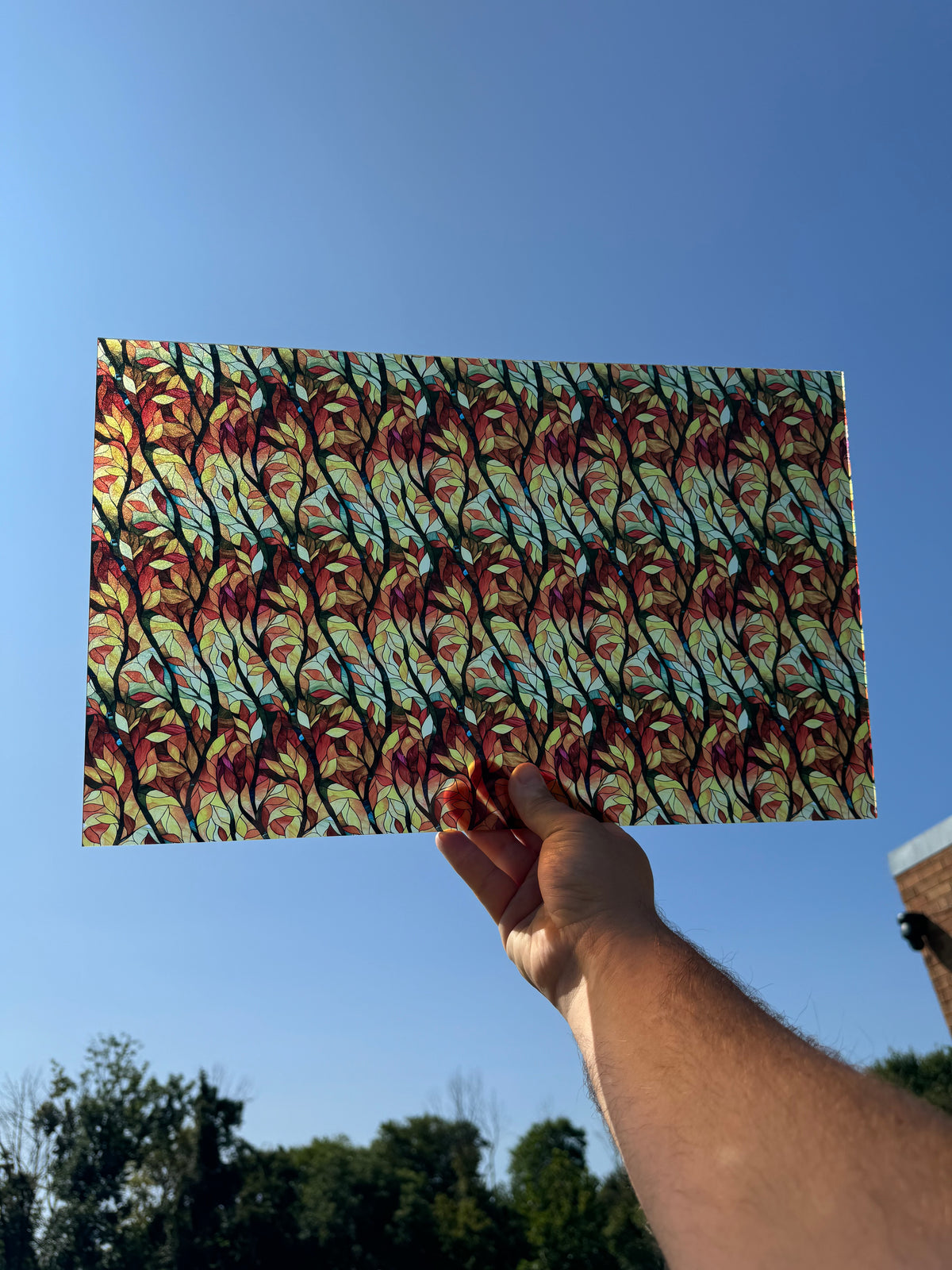 PatternPly® Transparent Fall Branches Stained Glass sheet showing the pattern
