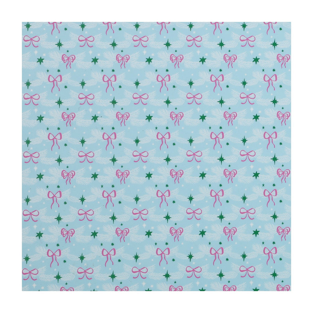 PatternPly® Full Coverage Pink Bows on Pastel Blue Pine sheet showing the pattern