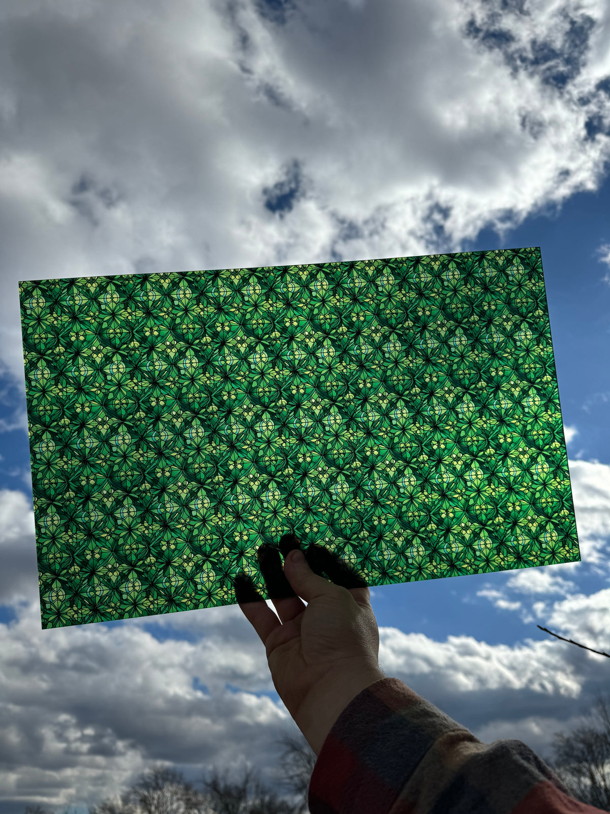 PatternPly® Transparent Abstract Green Stained Glass sheet showing the pattern