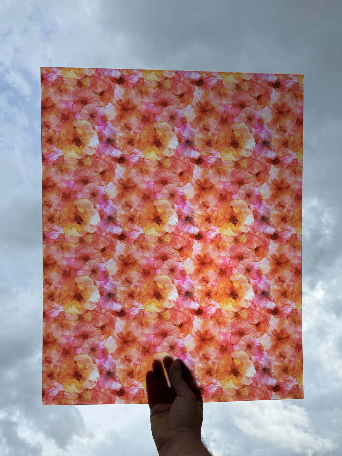 PatternPly® 19x24" Transparent Bright Orange and Pink Floral Original Scale sheet showing the pattern