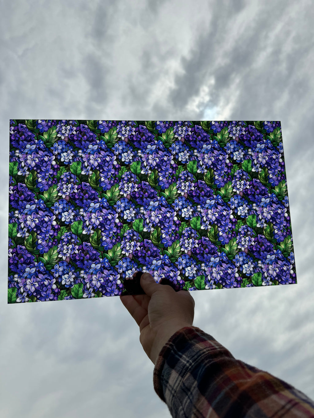 PatternPly® Transparent Stained Glass Lilacs sheet showing the pattern