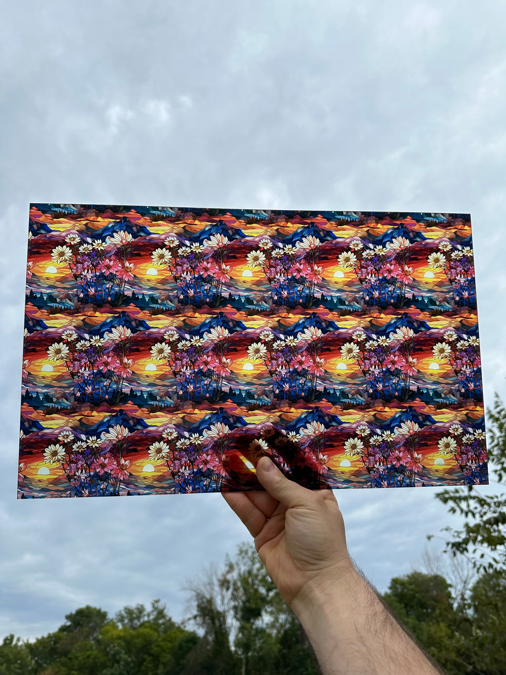 PatternPly® Transparent Floral Mountain Range Stained Glass sheet showing the pattern