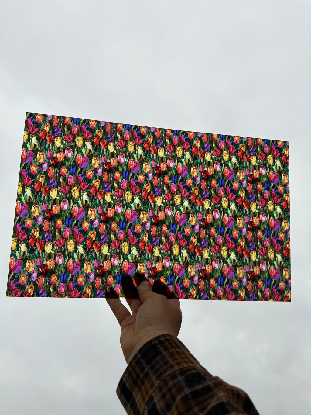 PatternPly® Transparent Stained Glass Colorful Tulips sheet showing the pattern