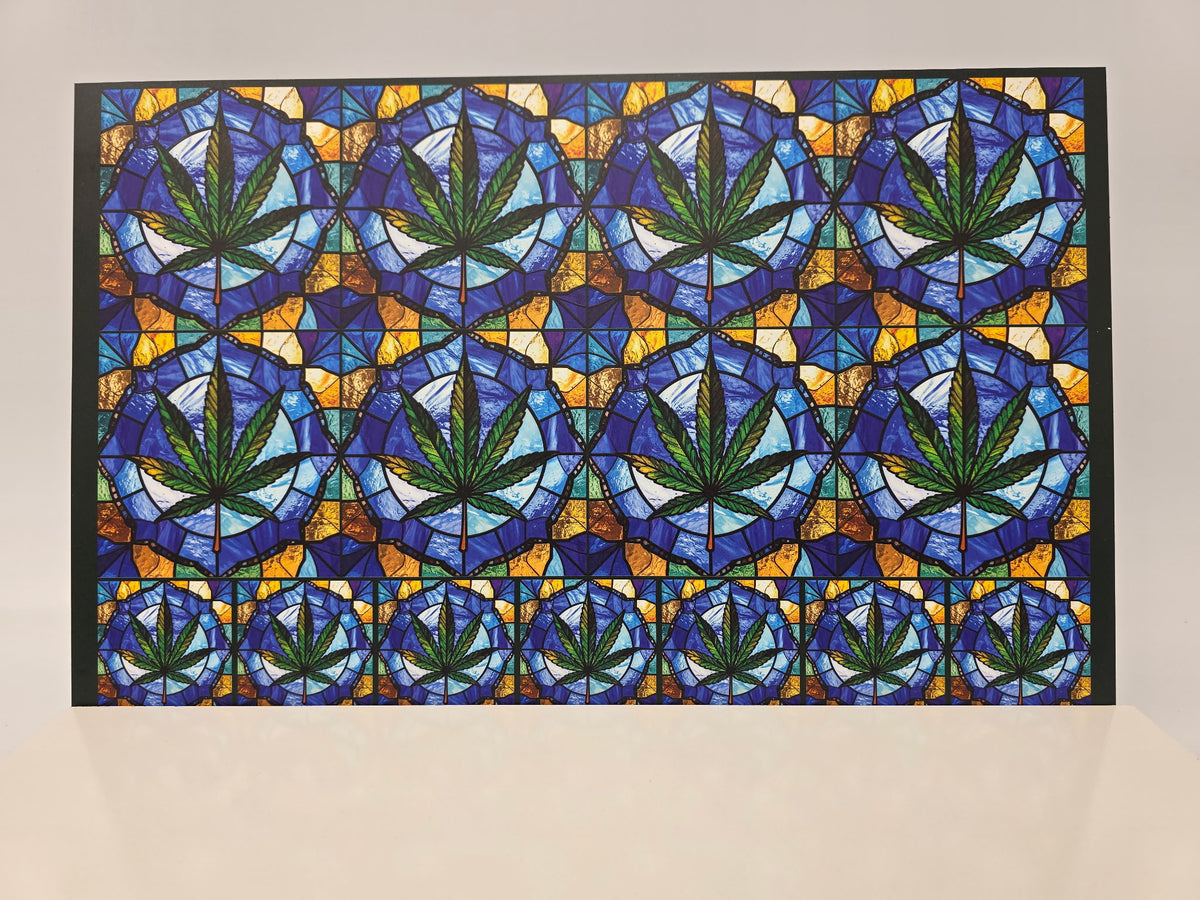 PatternPly® Full Coverage Blue Weed Stained Glass 2 Sizes sheet showing the pattern