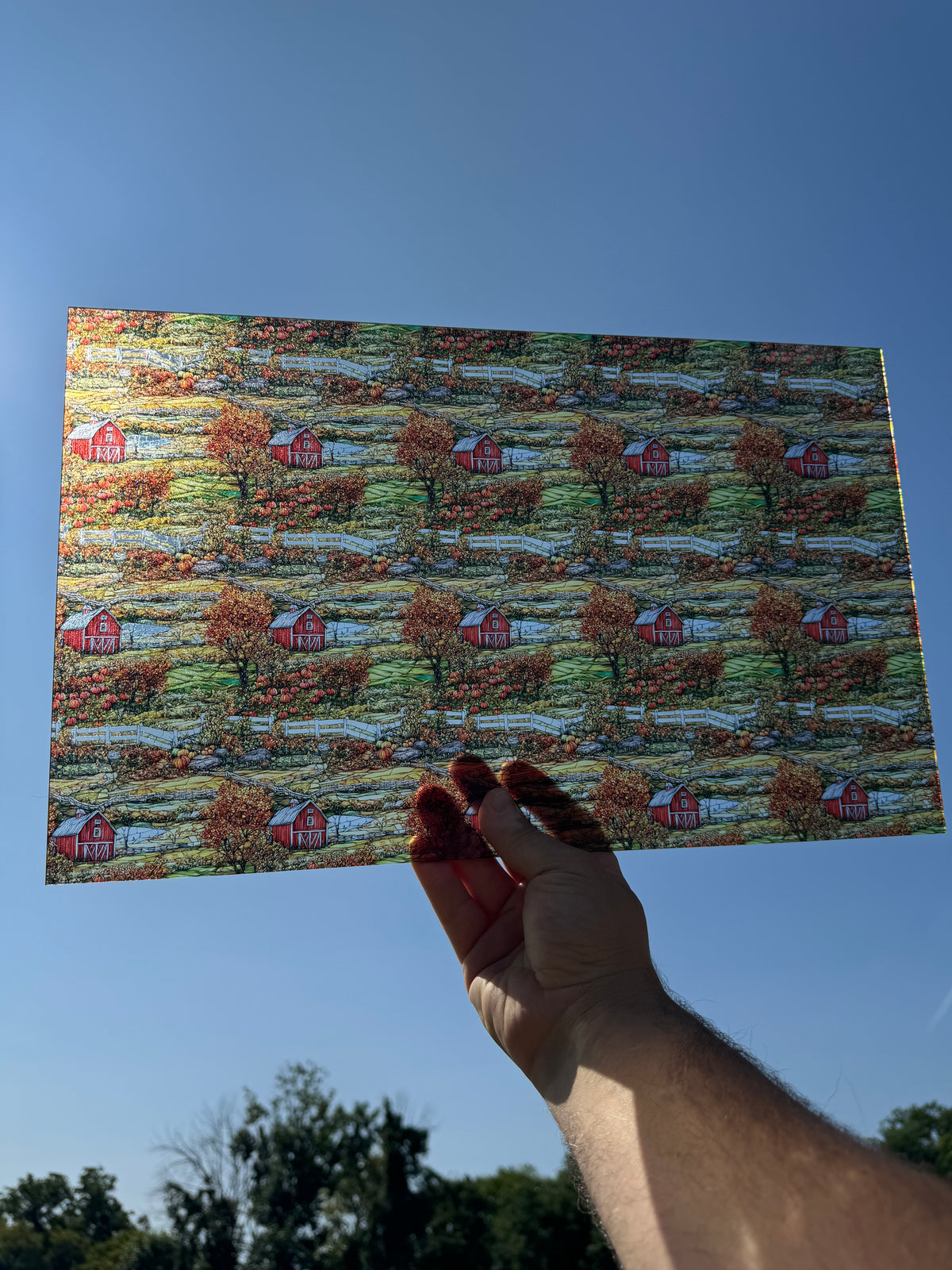 PatternPly® Transparent Fall Farm sheet showing the pattern