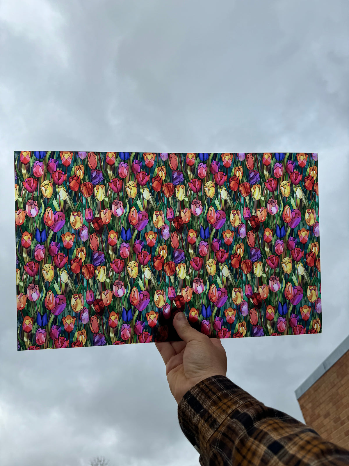 PatternPly® Transparent Stained Glass Colorful Tulips Large sheet showing the pattern