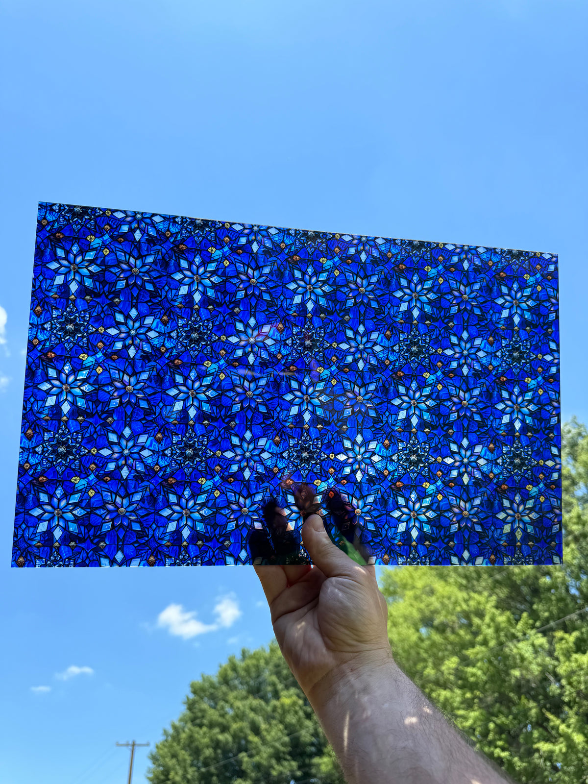 PatternPly® Transparent Stained Glass Geometric Snowflakes sheet showing the pattern