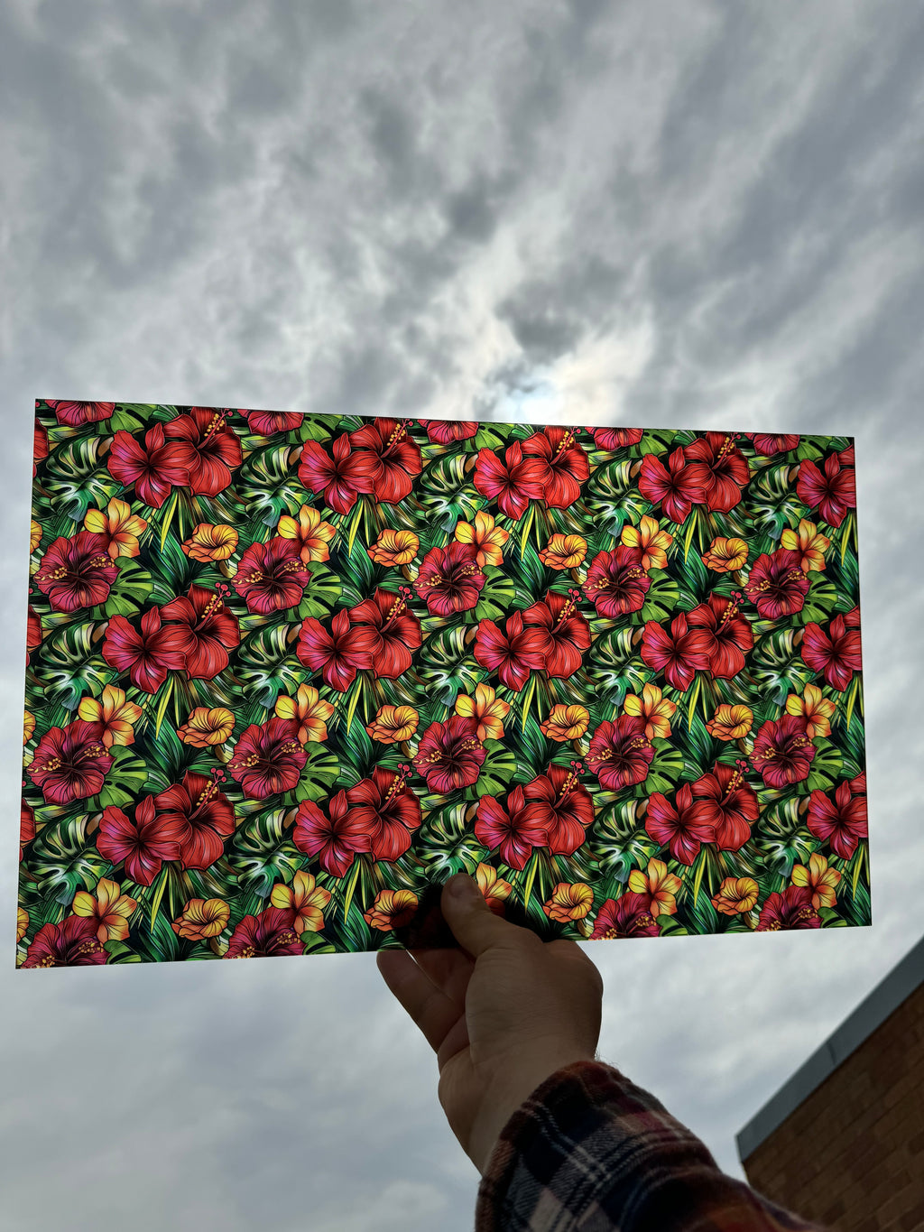 PatternPly® Transparent Stained Glass Tropical Red Hibiscus sheet showing the pattern