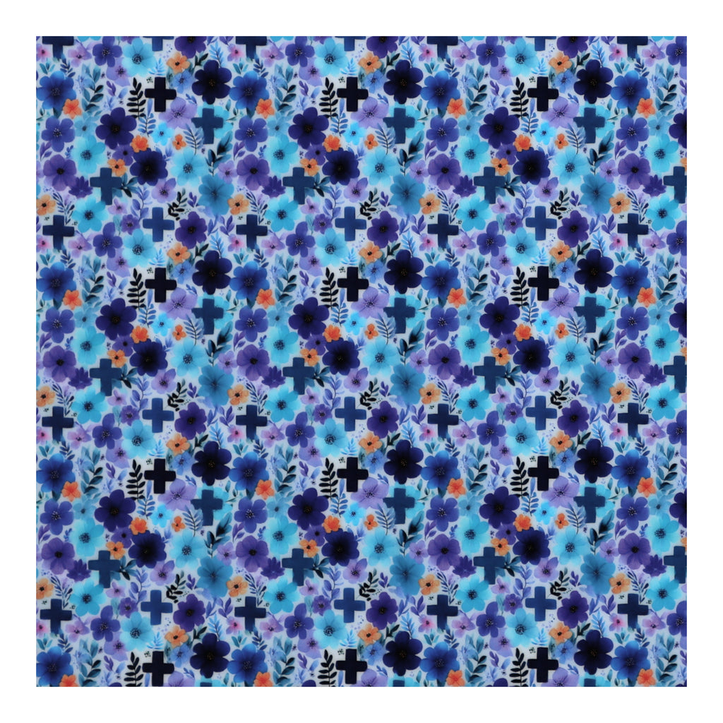 PatternPly® Full Coverage Purple and Blue Cross Floral sheet showing the pattern