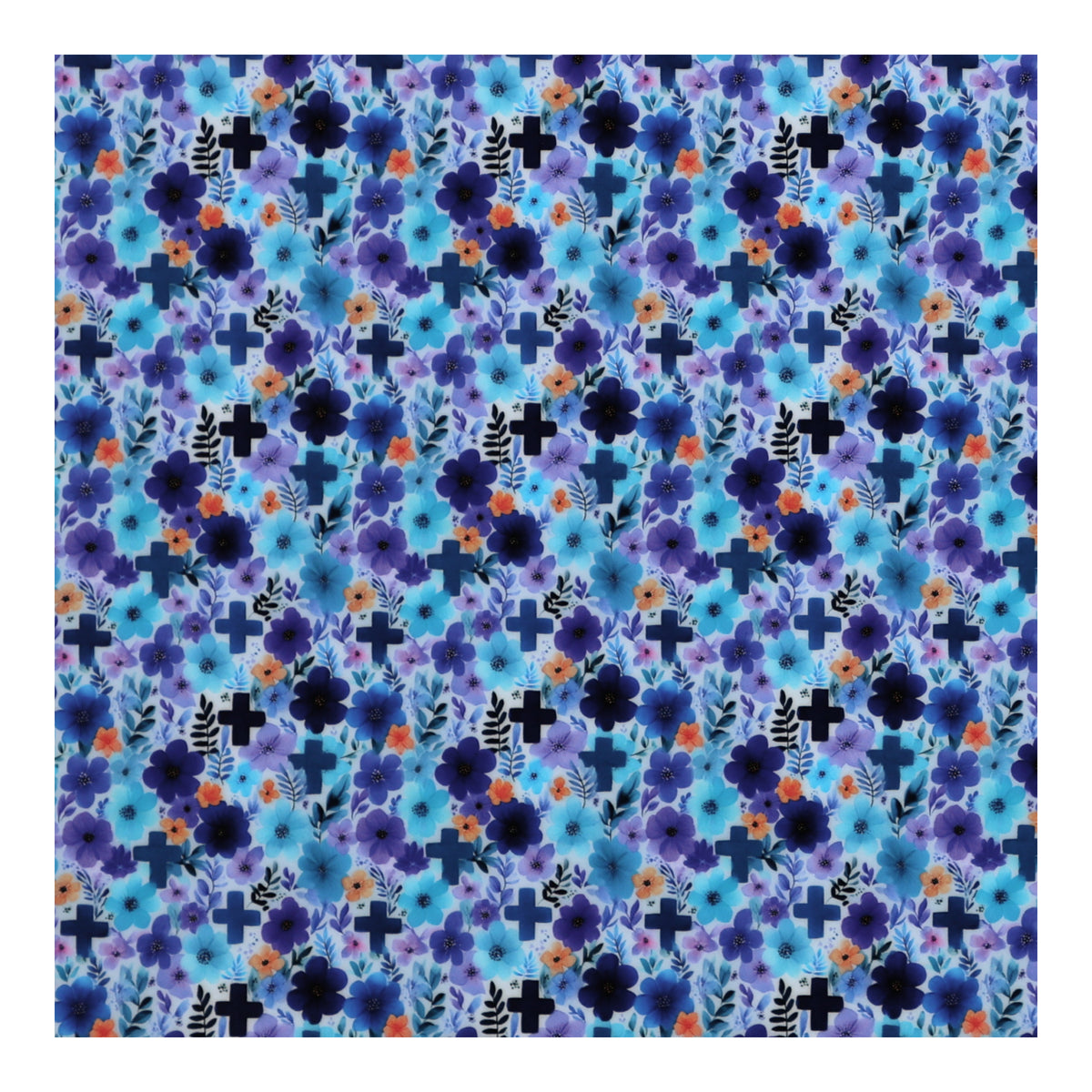 PatternPly® Full Coverage Purple and Blue Cross Floral sheet showing the pattern
