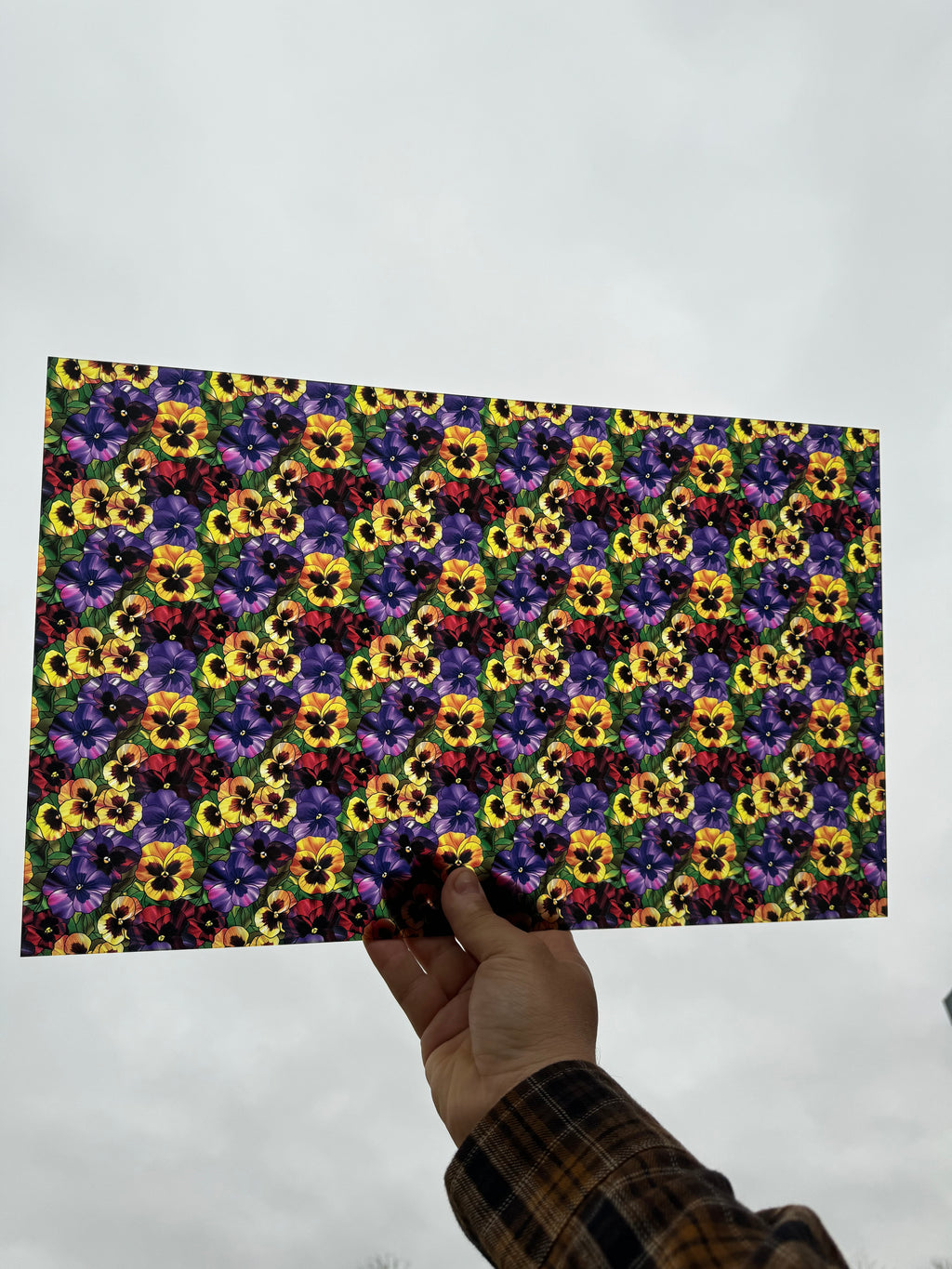 PatternPly® Transparent Stained Glass Pansies sheet showing the pattern