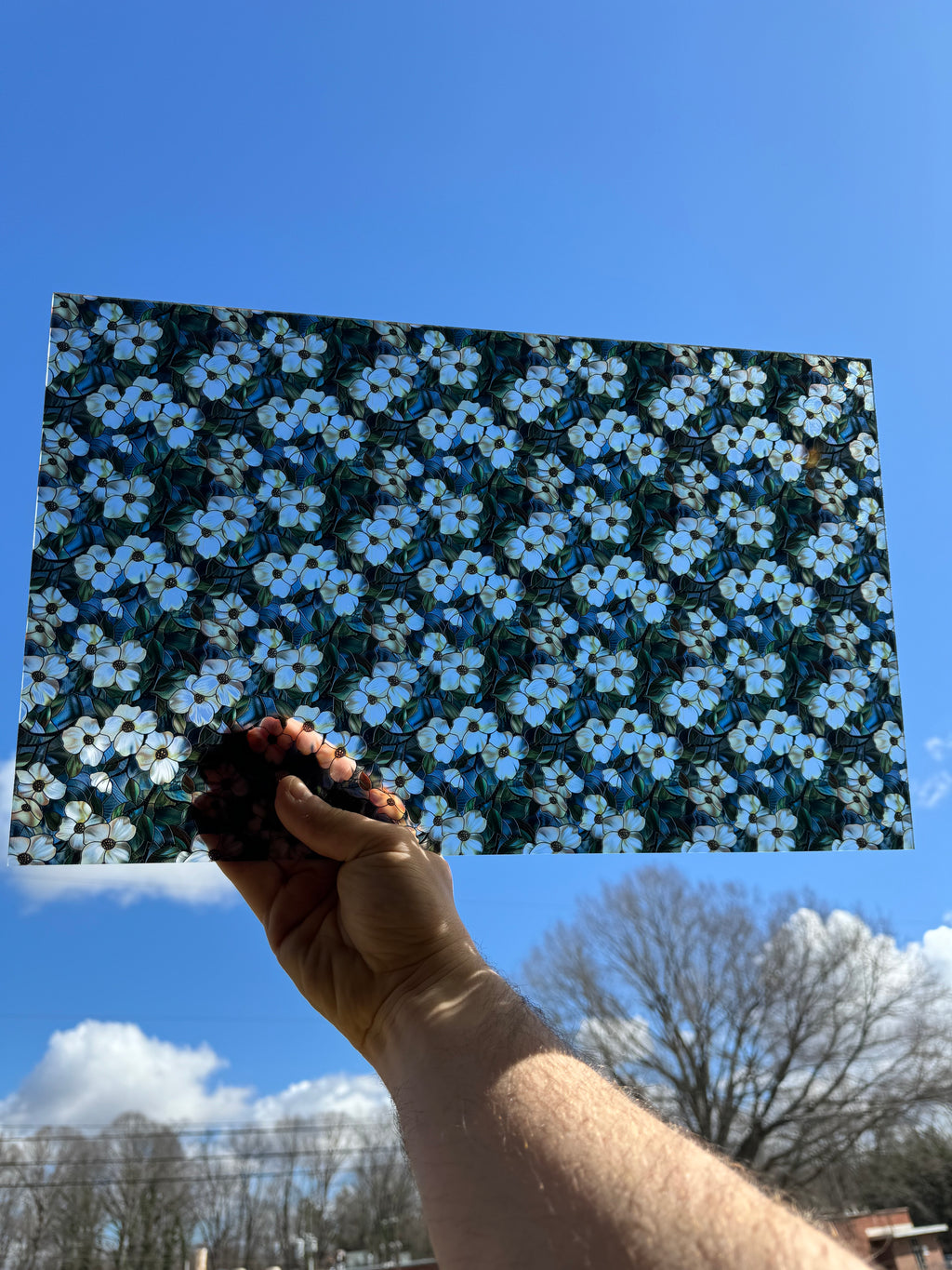 PatternPly® Transparent Dogwood Stained Glass sheet showing the pattern