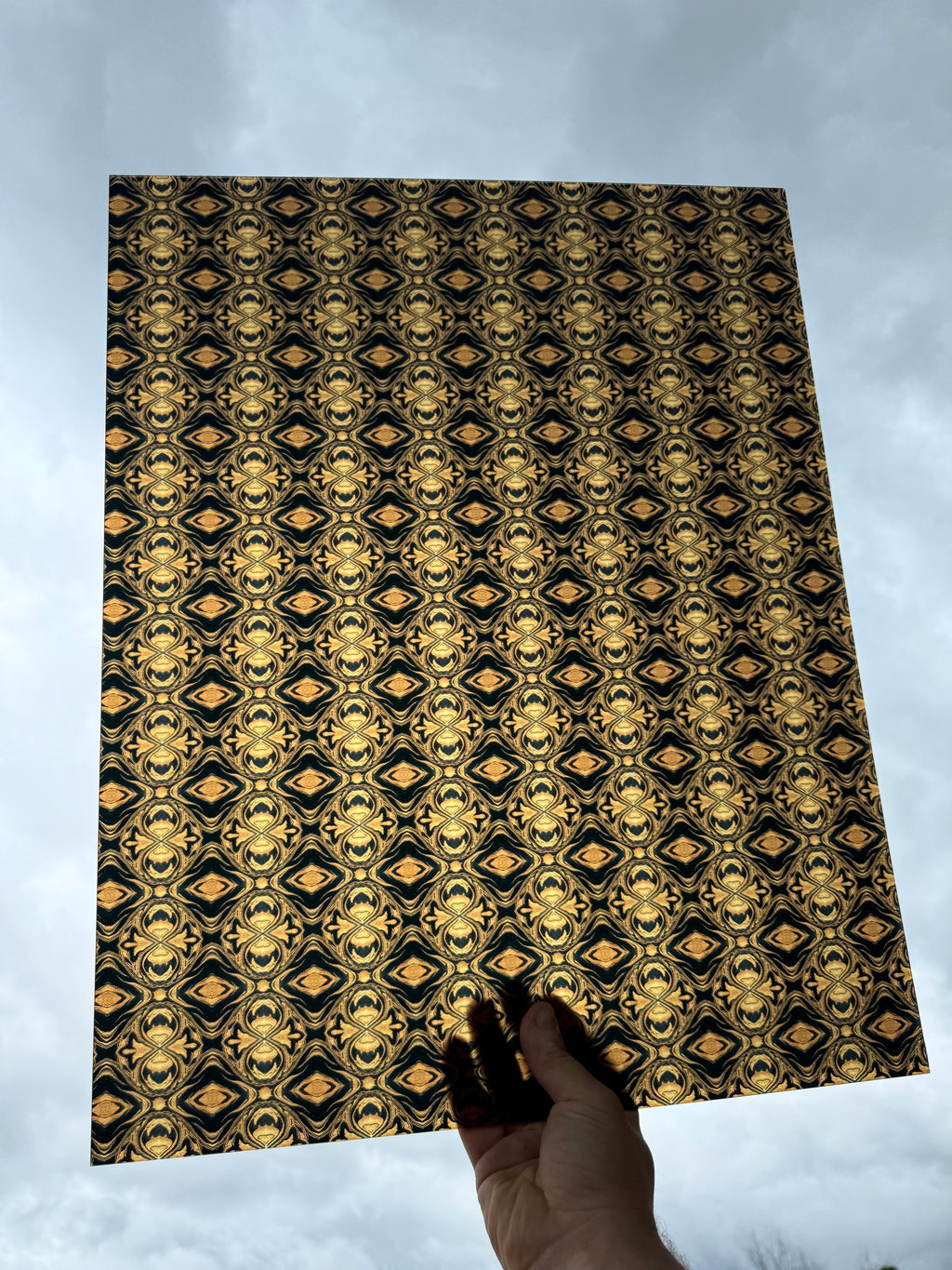 PatternPly® 19x24" Transparent Black and Gold Kaleidoscope Original Scale sheet showing the pattern