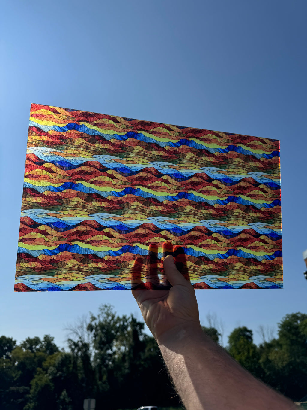 PatternPly® Transparent Abstract Rustic Mountain Range Stained Glass sheet showing the pattern