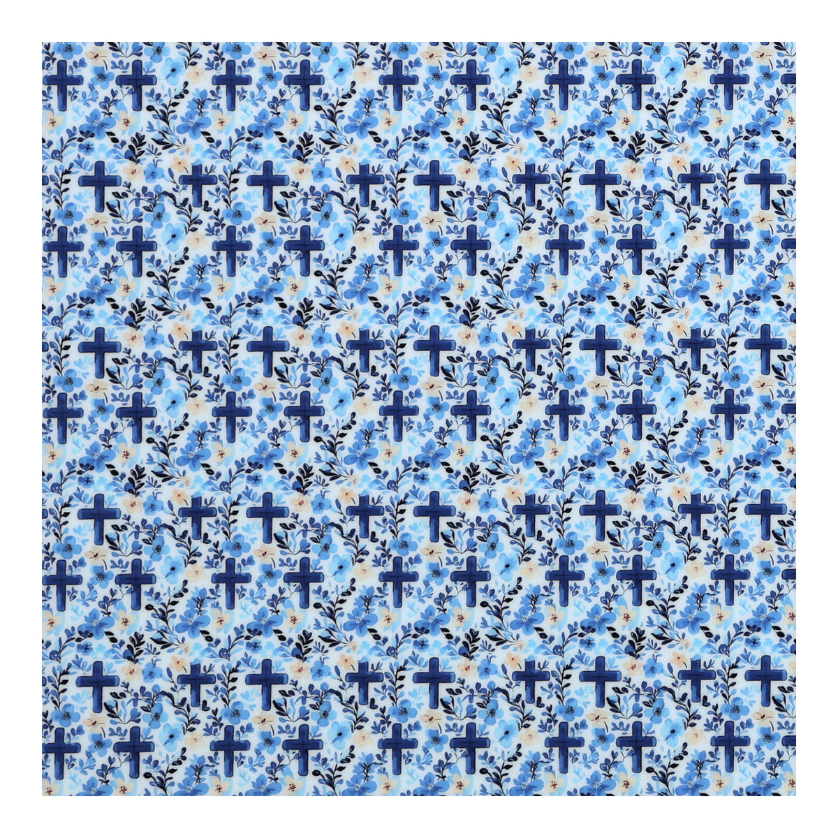 PatternPly® Full Coverage Baby Blue Watercolor Crosses sheet showing the pattern