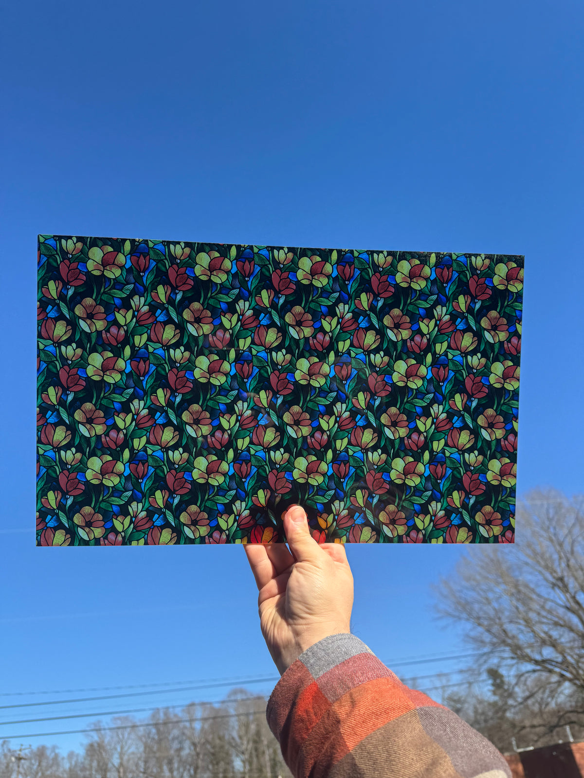 PatternPly® Transparent Stained Glass Red and Yellow Floral sheet showing the pattern
