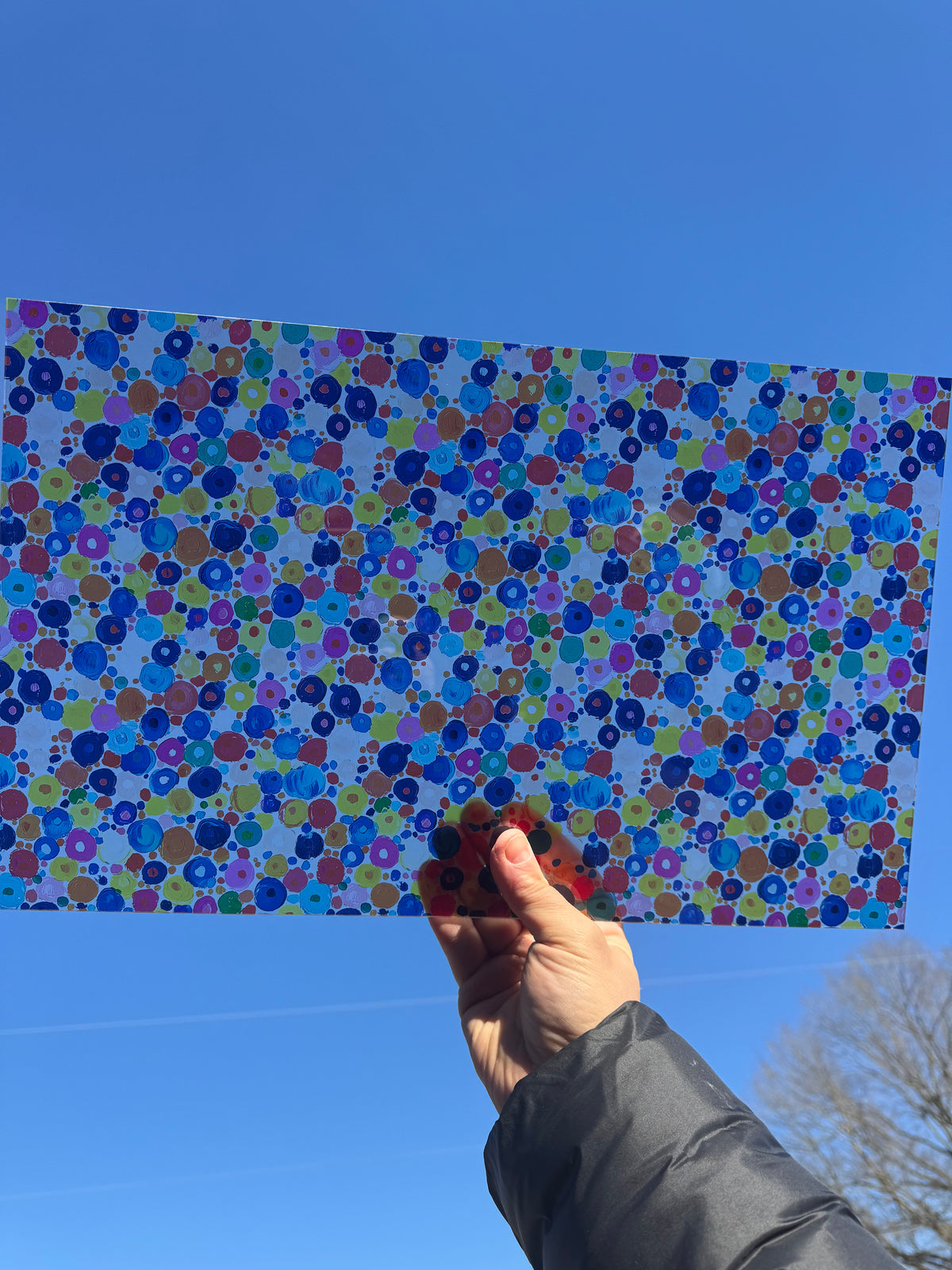 PatternPly® Transparent Colorful Paint Dots Large sheet showing the pattern