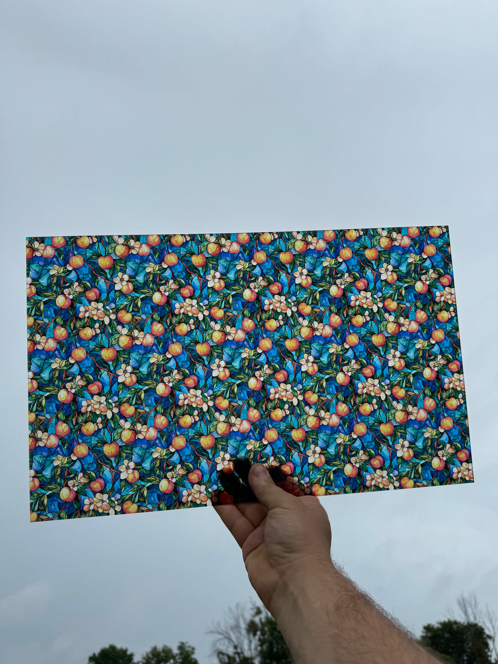 PatternPly® Transparent Stained Glass Peach Tree sheet showing the pattern