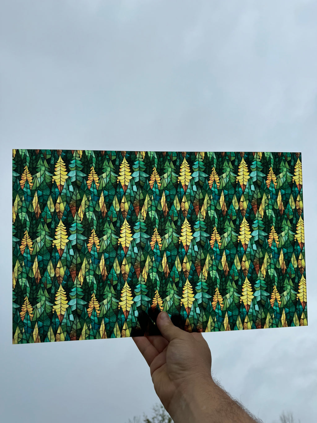 PatternPly® Transparent Stained Glass Geometric Forest sheet showing the pattern
