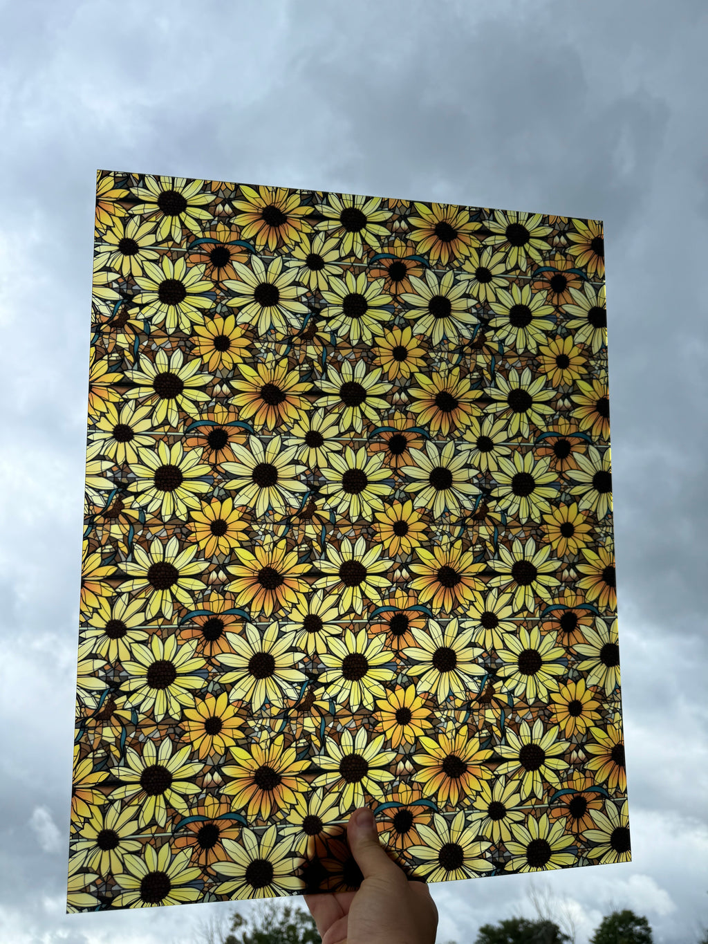 PatternPly® 19x24" Transparent Black Eyed Susan Stained Glass XL Scale sheet showing the pattern