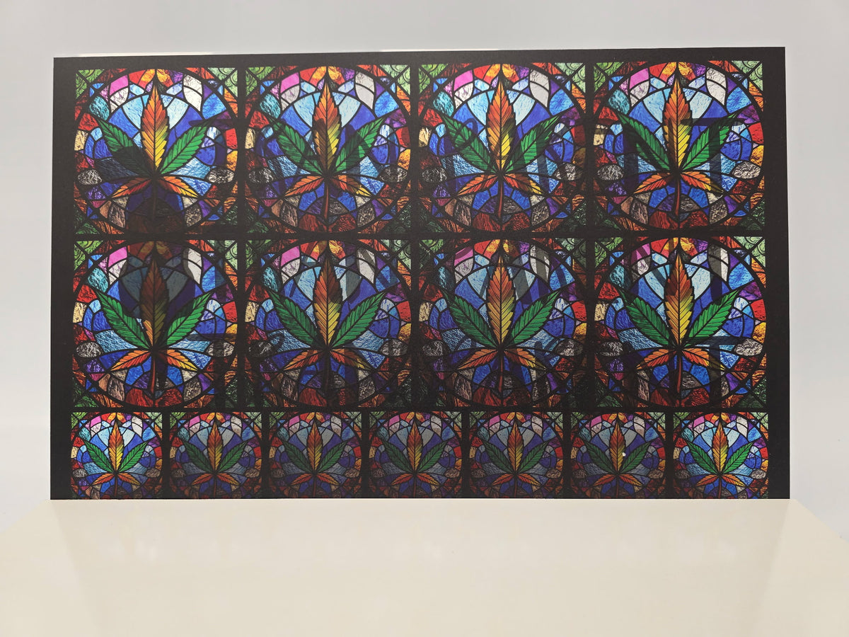 PatternPly® Transparent Multi Color Weed Stained Glass 2 Sizes sheet showing the pattern