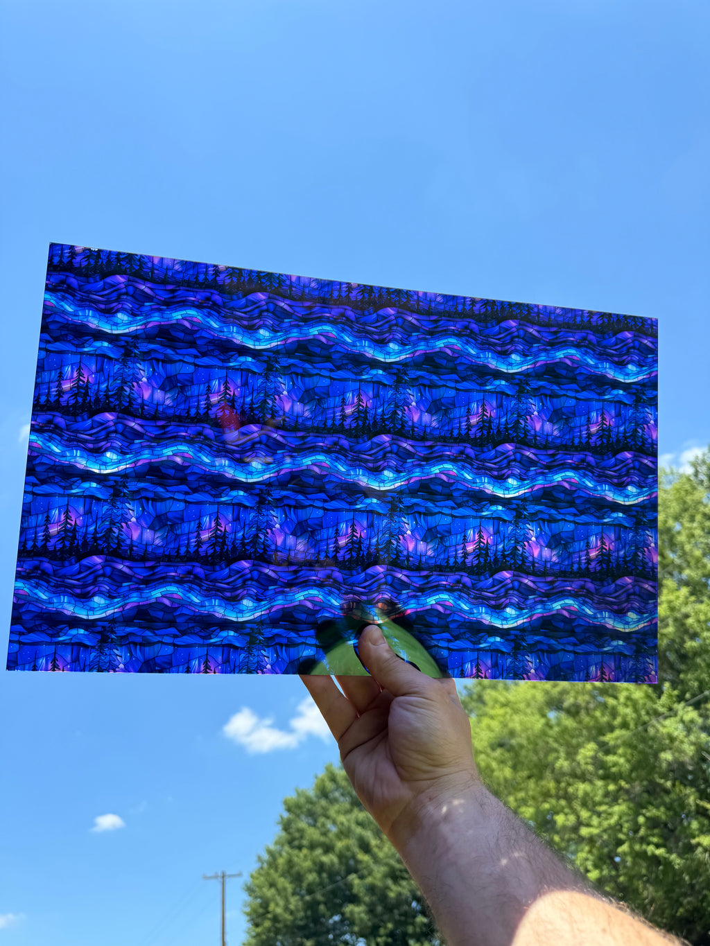 PatternPly® Transparent Stained Glass Northern Lights Forest sheet showing the pattern