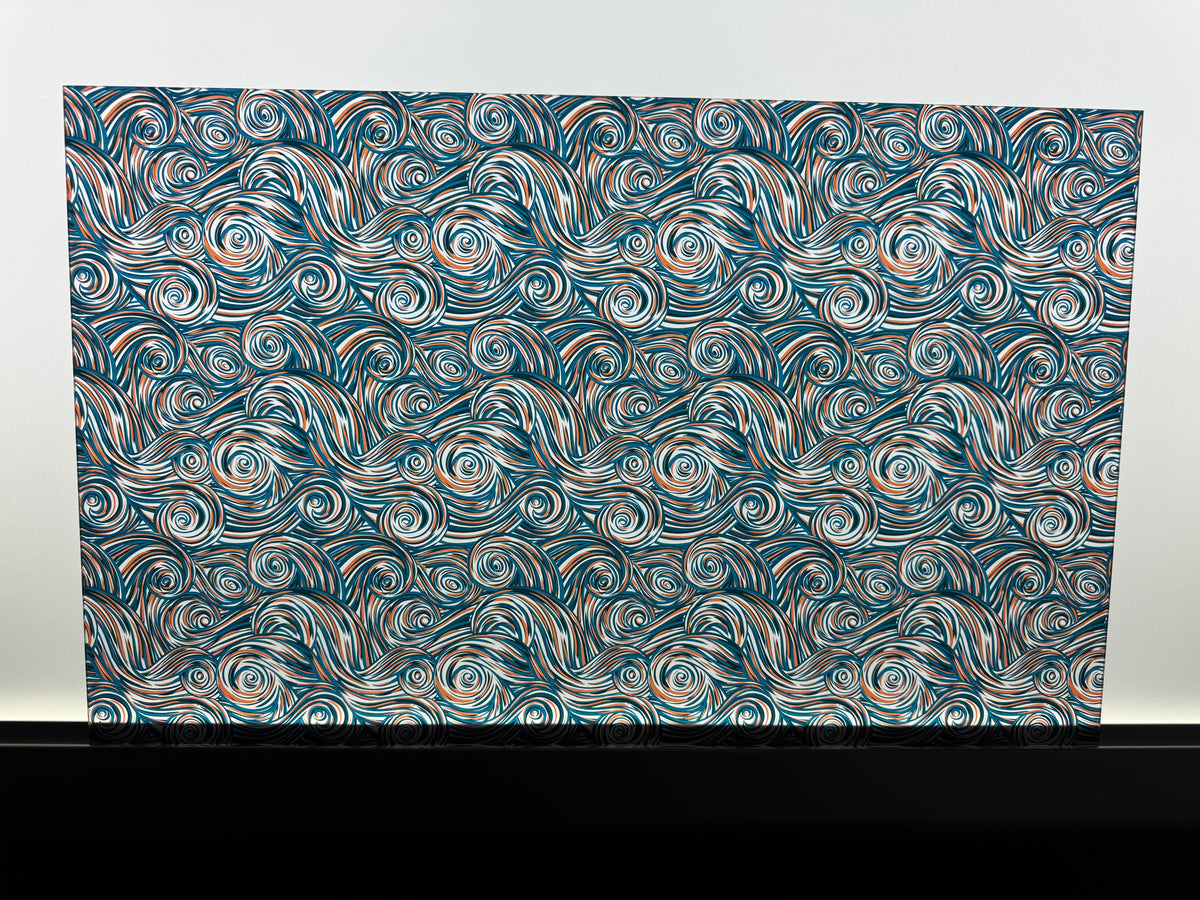 PatternPly® Transparent Teal and Orange Tie Dye sheet showing the pattern