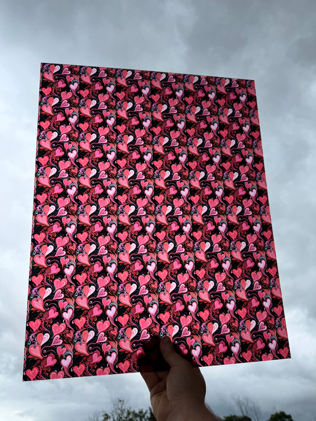PatternPly® 19x24" Transparent Black and Red Hearts Original Scale sheet showing the pattern