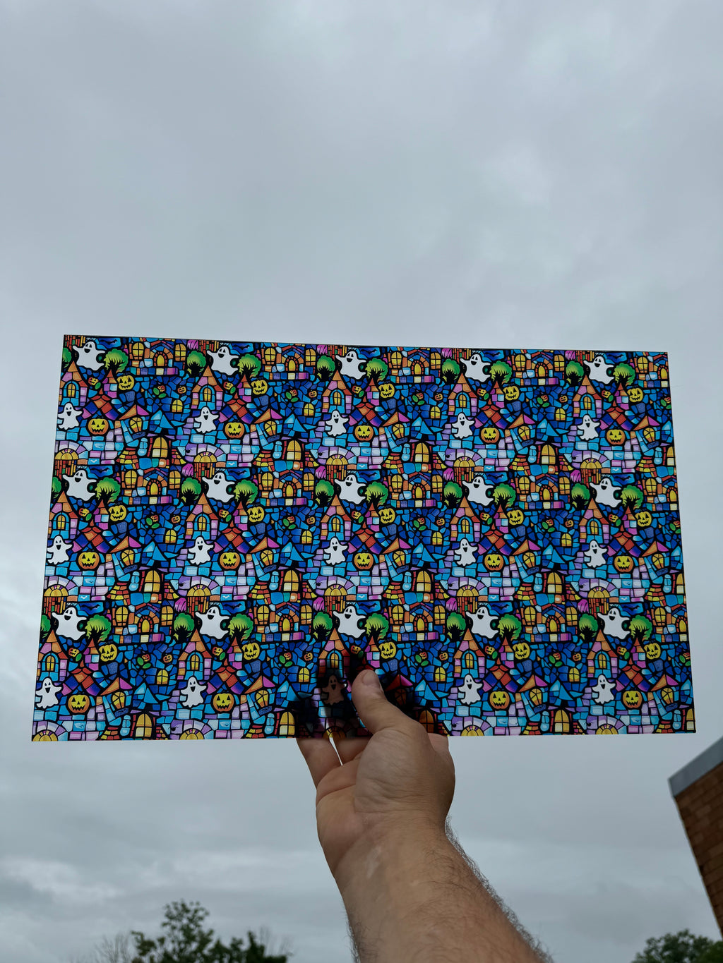 PatternPly® Transparent Stained Glass Haunted House sheet showing the pattern
