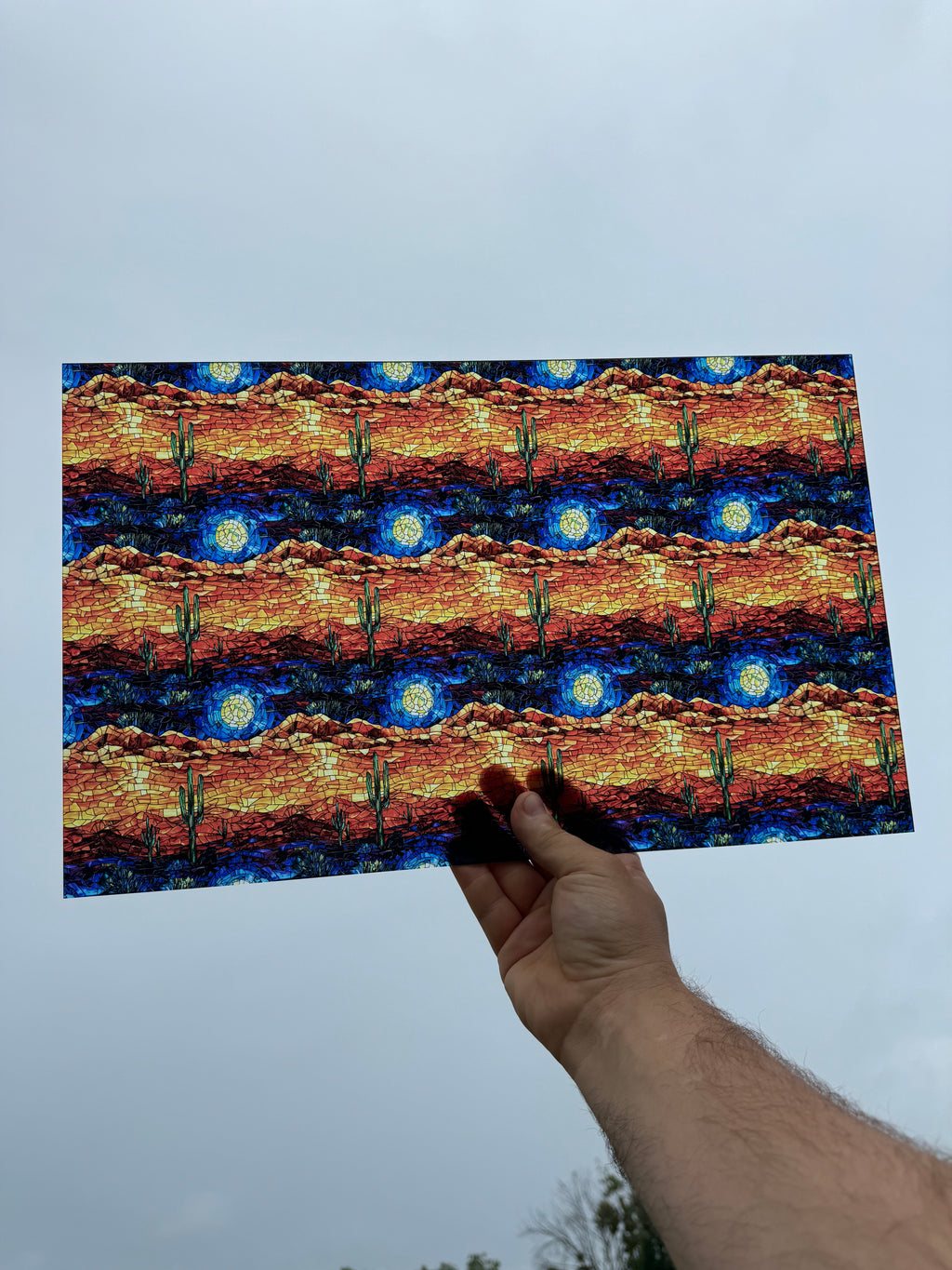 PatternPly® Transparent Stained Glass Desert Sunset sheet showing the pattern