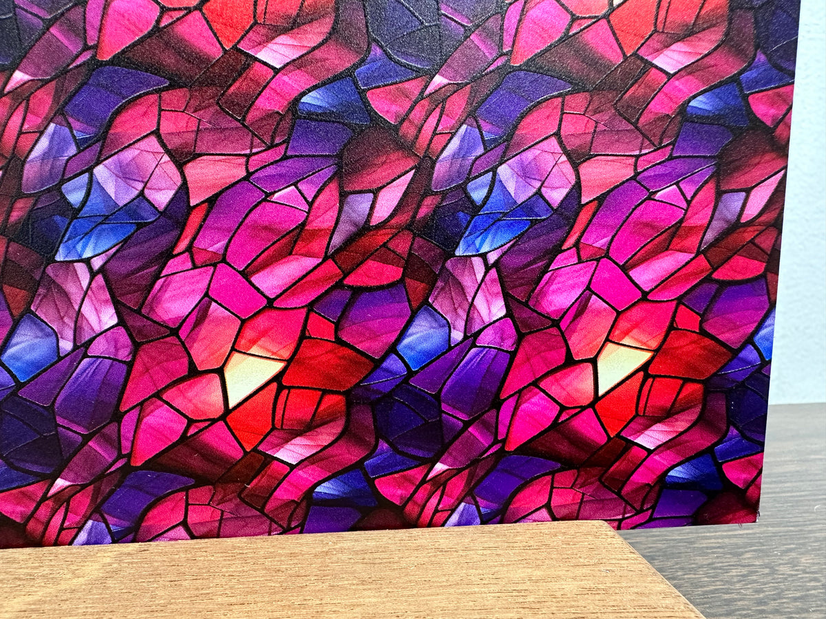 PatternPly® Full Coverage Pink and Purple Stained Glass sheet showing the pattern