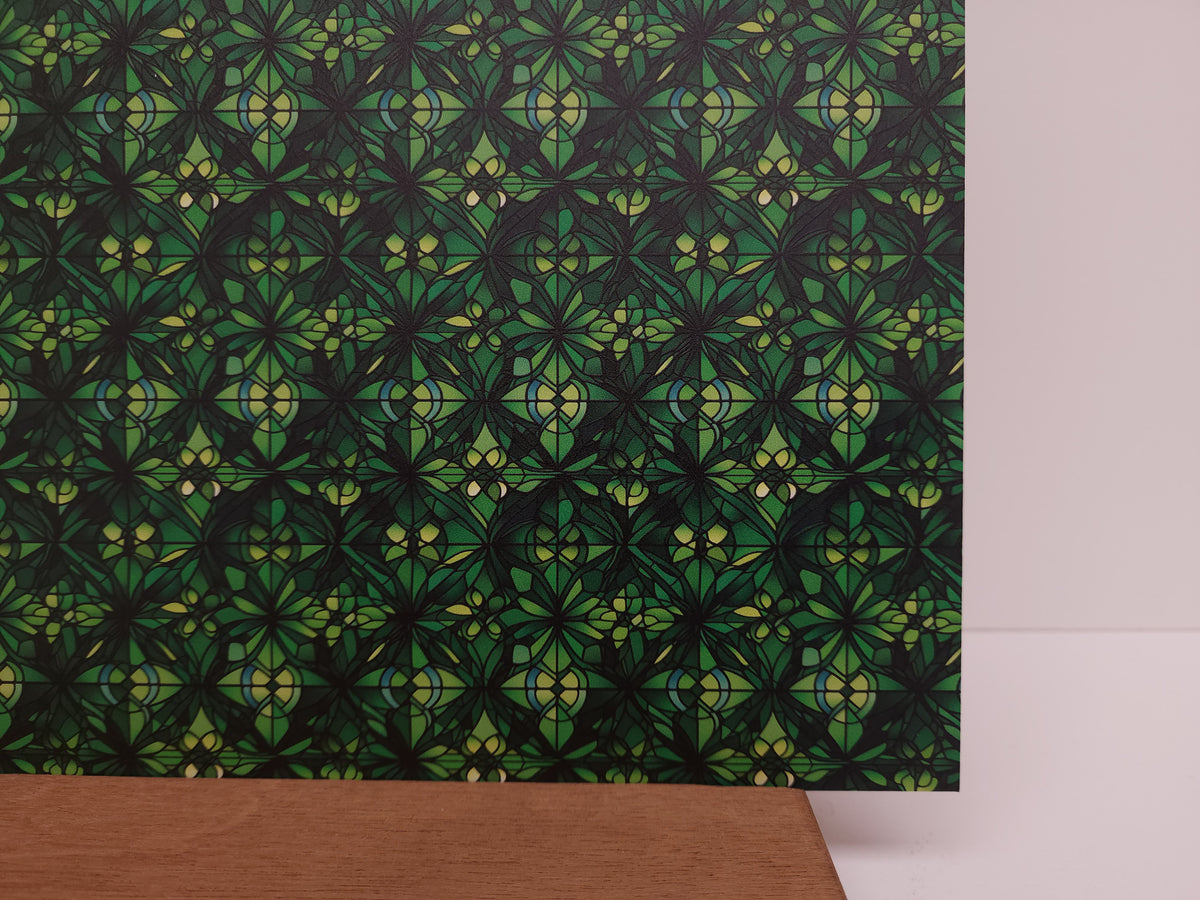 PatternPly® Full Coverage Abstract Green Stained Glass sheet showing the pattern