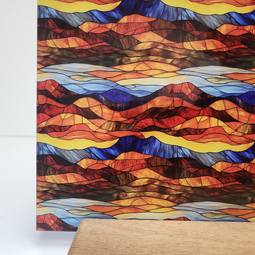 PatternPly® Full Coverage Abstract Rustic Mountain Range Stained Glass sheet showing the pattern