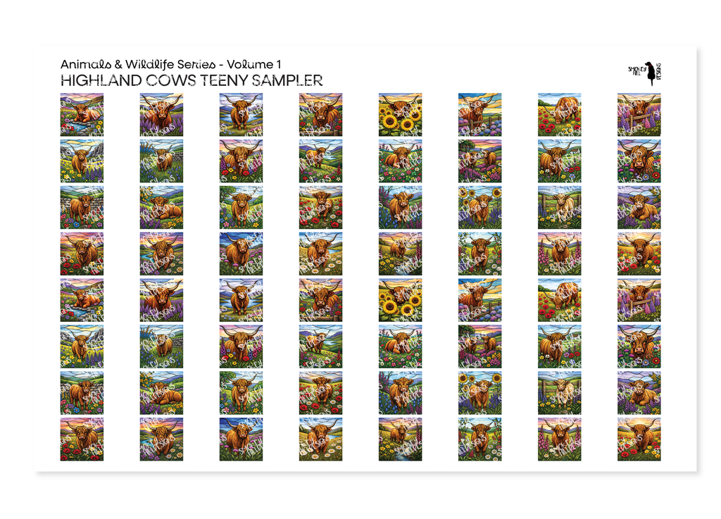 PatternPly® Full Coverage Animal Series Volume 1 Highland Cows Teeny Sampler: sampler sheet of small art scene designs