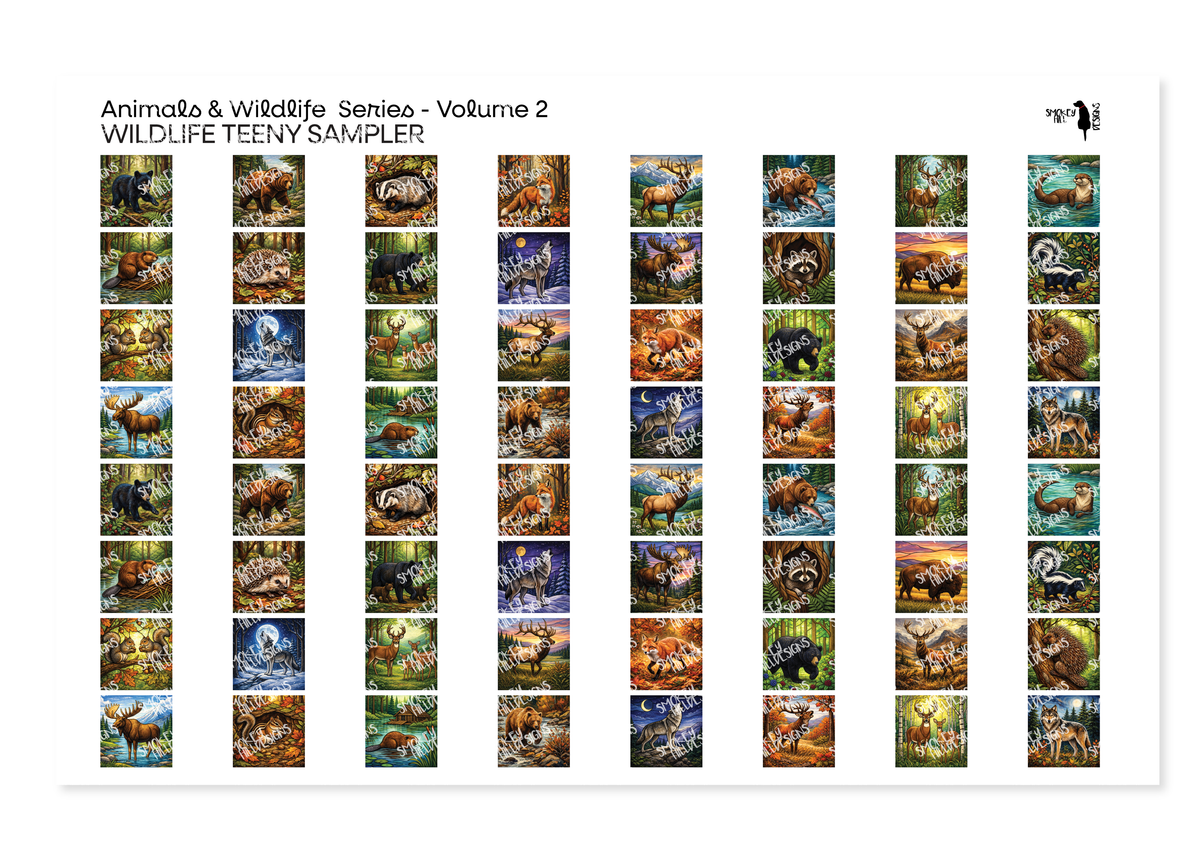 PatternPly® Full Coverage Animals and Wildlife Volume 2 Wildlife Teeny Sampler: sampler sheet of small art scene designs