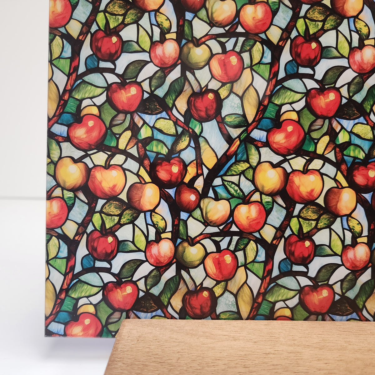 PatternPly® Full Coverage Stained Glass Apple Tree sheet showing the pattern
