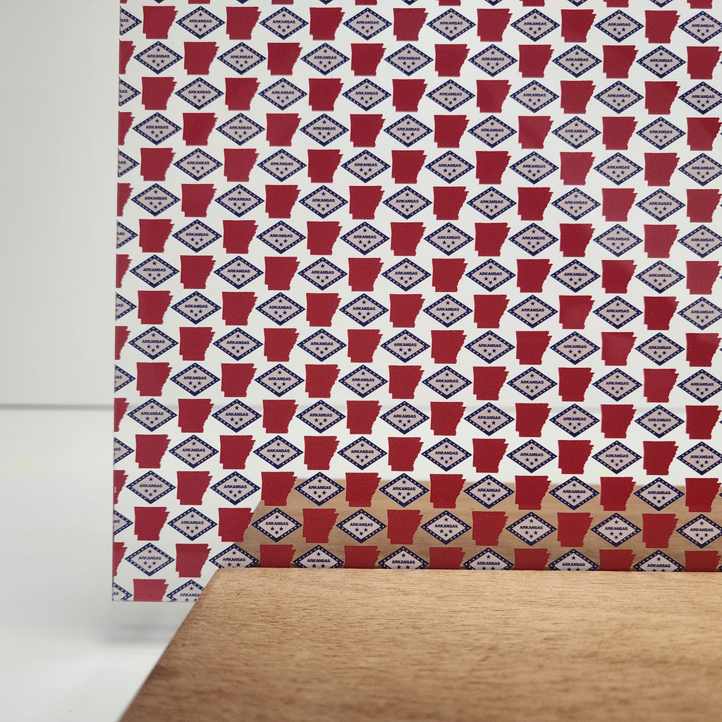 PatternPly® Scattered Arkansas State Outline and Flag sheet showing the pattern